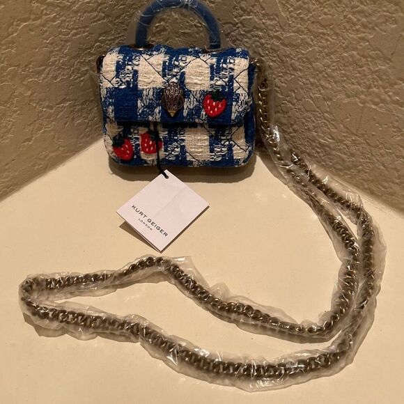 Kurt Geiger Mini Handle Kensington Bag Blue Tweed Plaid Strawberry Print Kawaii - Picture 4 of 14